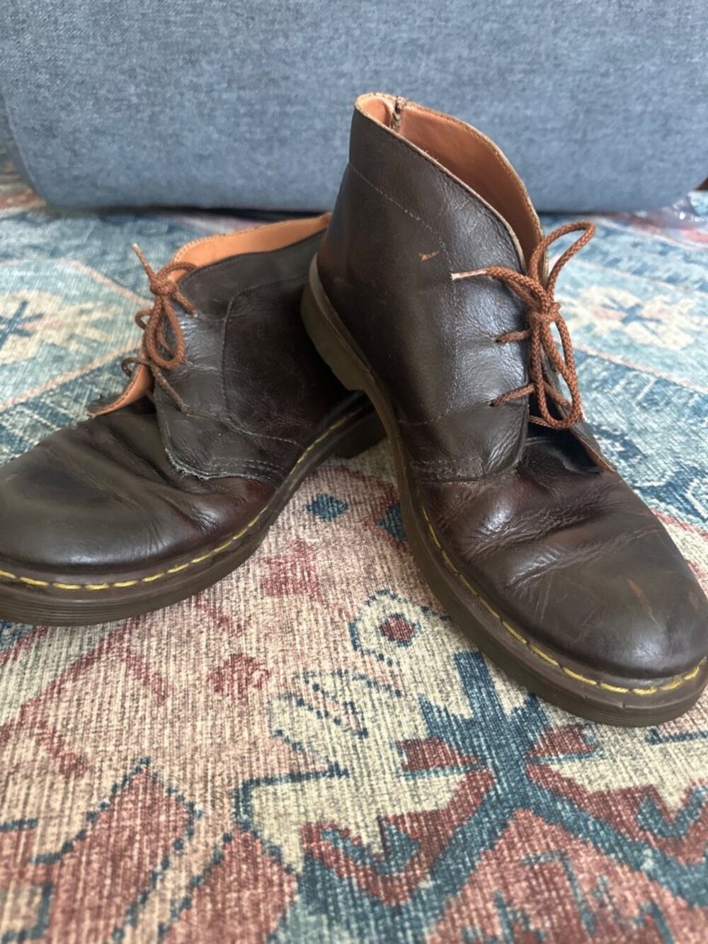Dr. Martens Mens Brown Leather Lace-Up Boots Size 13 With Yellow Stitching
